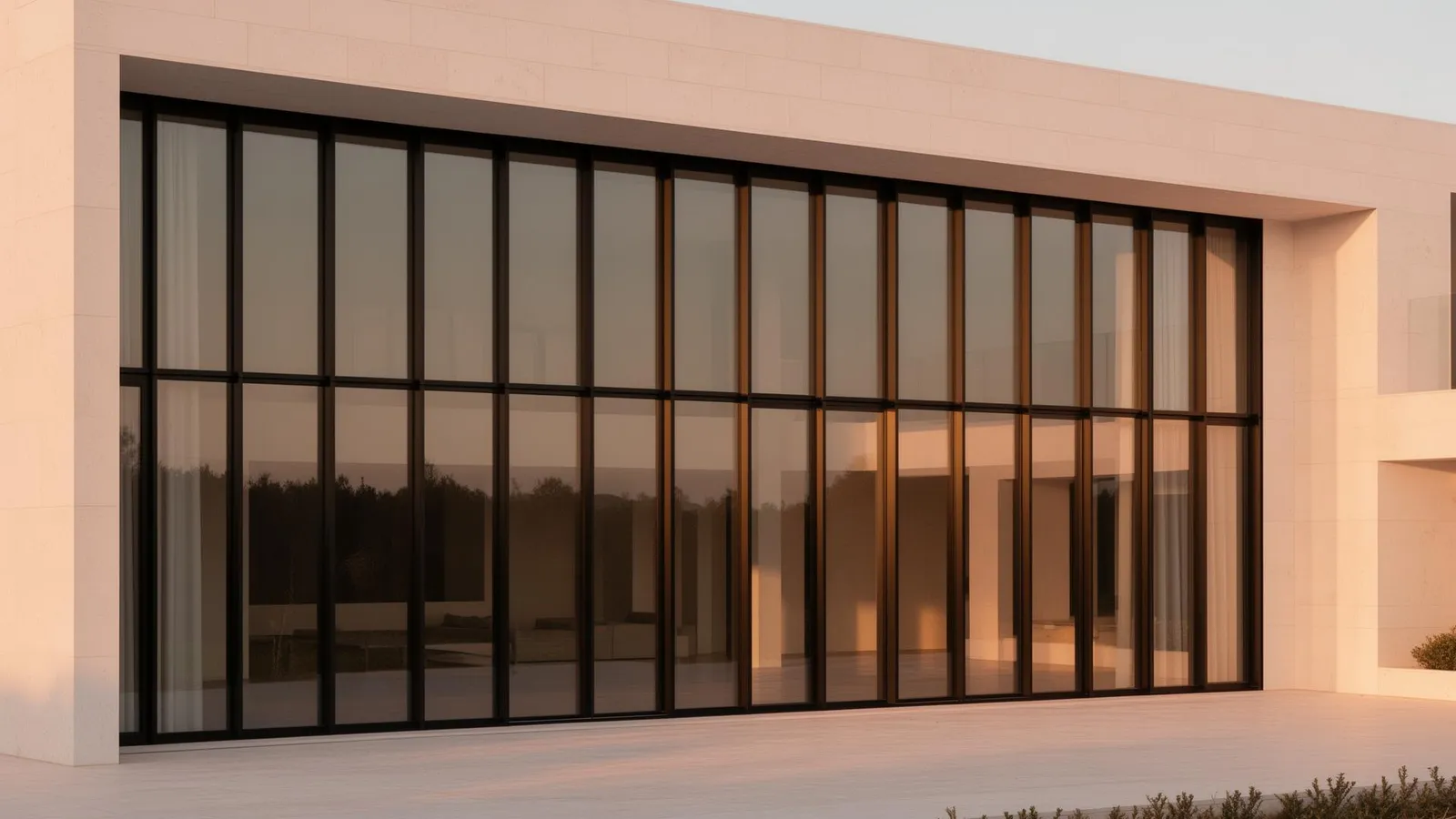 Floor-to-ceiling architectural windows framing a golden hour sunset over a luxury living room